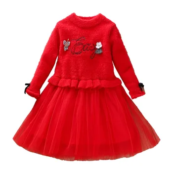 

2019New Flower Warm New Year Girl Dress For Wedding Party Dresses Winter Kids Girls Clothes Childern Princess Dress Red 2 3-8T