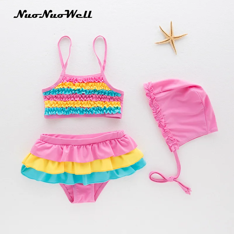 Купальный костюм для маленьких девочек, детский купальный костюм, Шапочка+ костюмы, 3 предмета, купальник с поясом радужного цвета для детей 1-3 лет