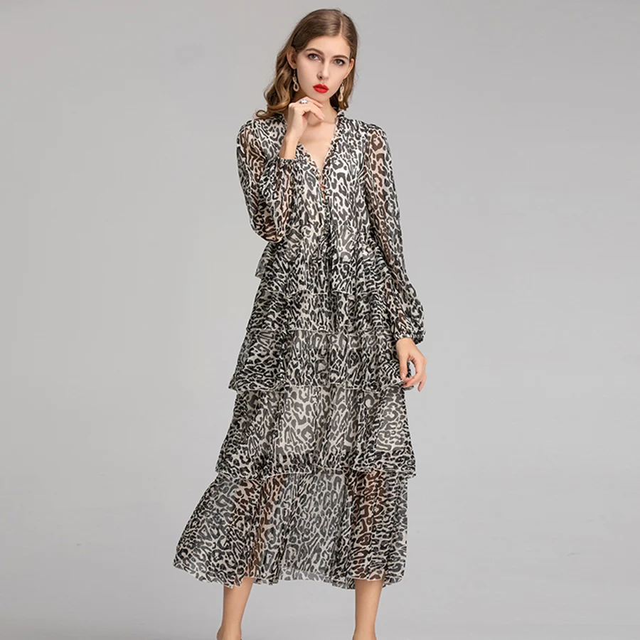 

VERDEJULIAY Runway Summer Dress Women 2019 High Quality Autumn V-Neck Ruffles Sleeve Design Leopard Print Long Dress Vestidos