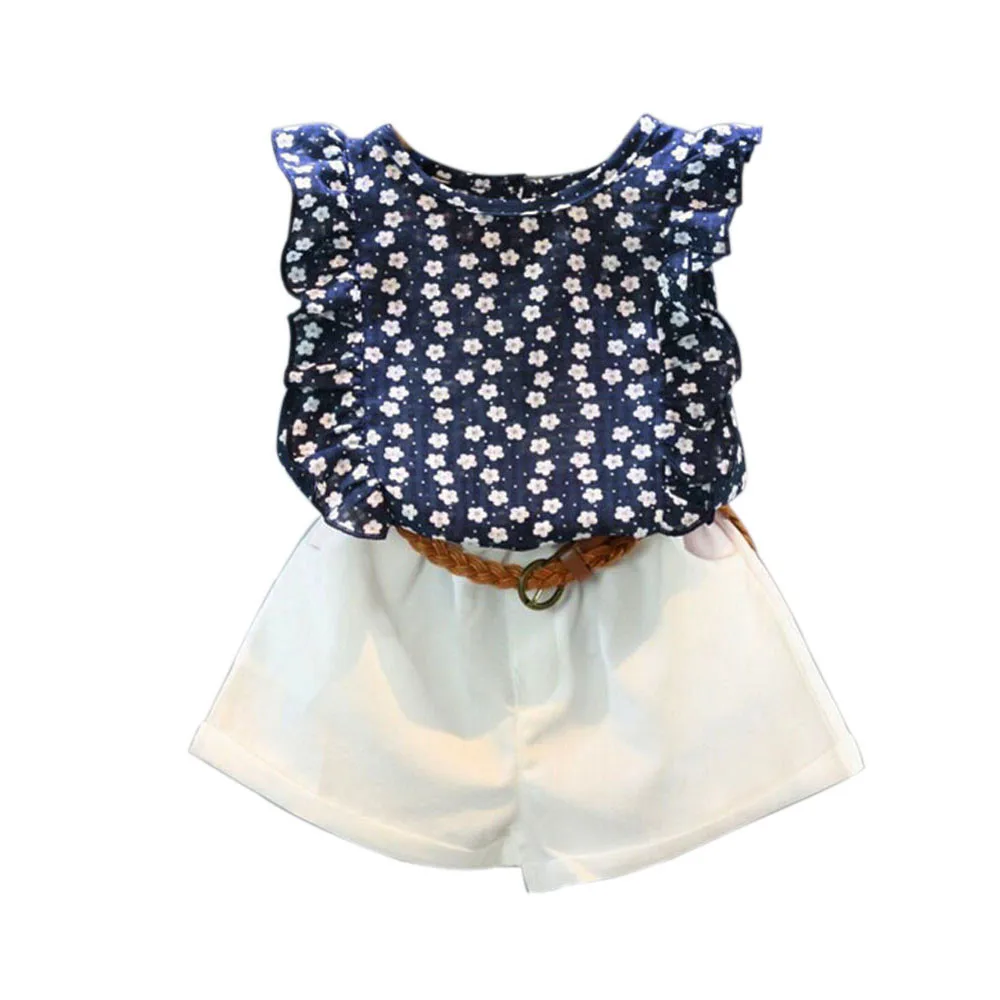 

Floral Tops Pure White Shorts Fashion Belt 3PCS Toddler Kids Baby Girls Summer Outfit Clothes T-shirt Tops+Shorts Pants Set F4