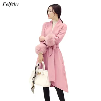 

Fashion woolen coat female 2018 Autumn Winter New thin imitation Detachable fox fur long Slim Belt temperament Blend woolen Coat