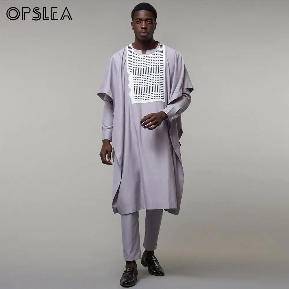 Opslea Agbada Африканский для мужчин размера плюс Вышивка Топы Брюки Наряд Базен Riche 3 шт. костюмы Дашики Африка традиционная серая одежда