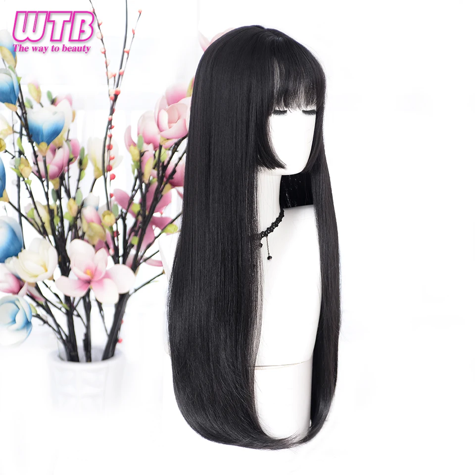 Pelucas sintéticas negras de pelo lacio largo WTB para mujer moda femenina Cosplay fiesta pelucas de Navidad regalos gratis Pelucas sintéticas negras de pelo lacio largo WTB para mujer moda femenina Cosplay fiesta pelucas de Navidad regalos gratis