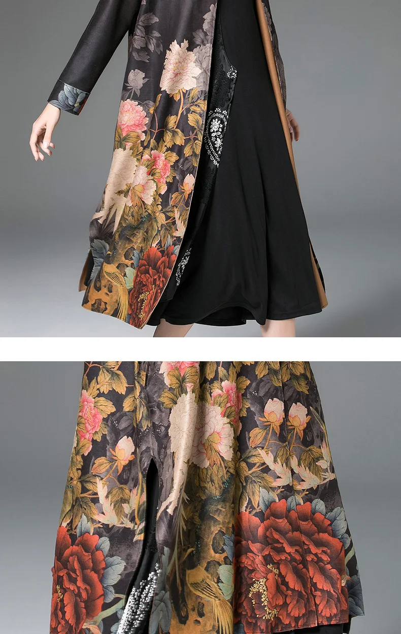 Осенне-зимний Женский Тренч, винтажное замшевое длинное женское пальто с цветочным принтом и поясом, женская верхняя одежда, пальто размера плюс kz684