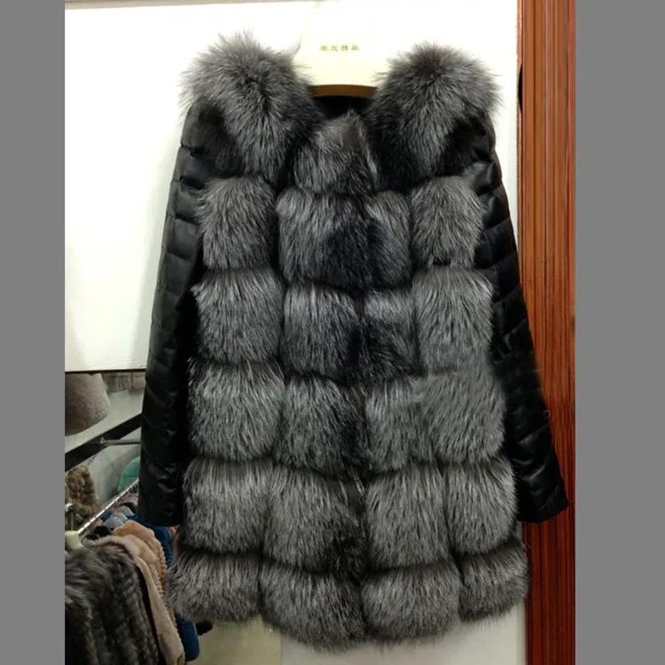 

2018high quality new high imitation silver fox fur coat women Fake fur vest PU sleeves warm winter coat fox coat women overcoat