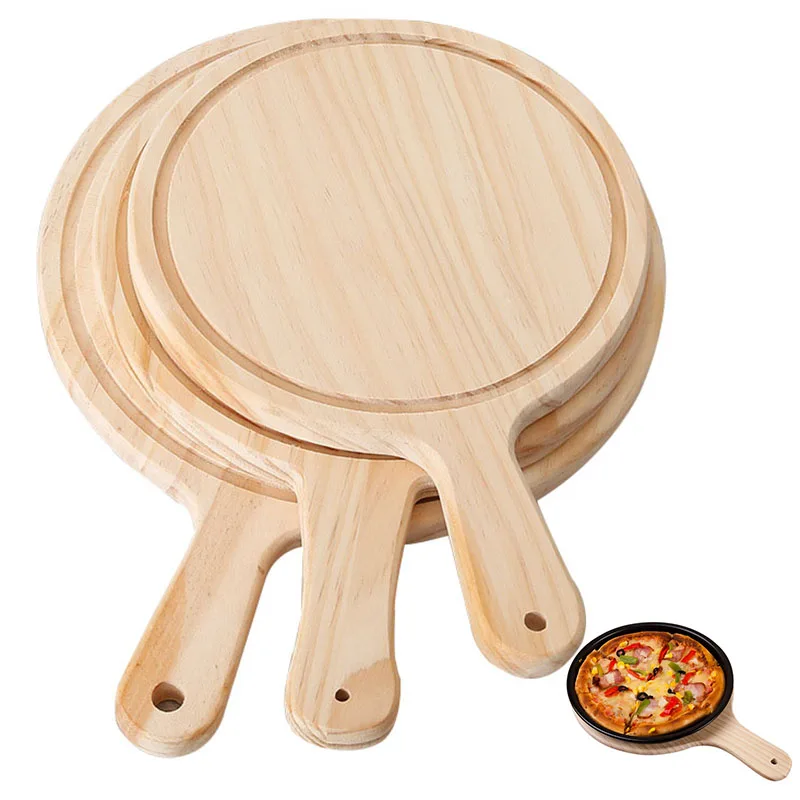 

Wooden Pizza board Round with Hand Pizza Baking Tray Pizza Stone Cutting Board Platter Pizza Cake Bakeware Tools