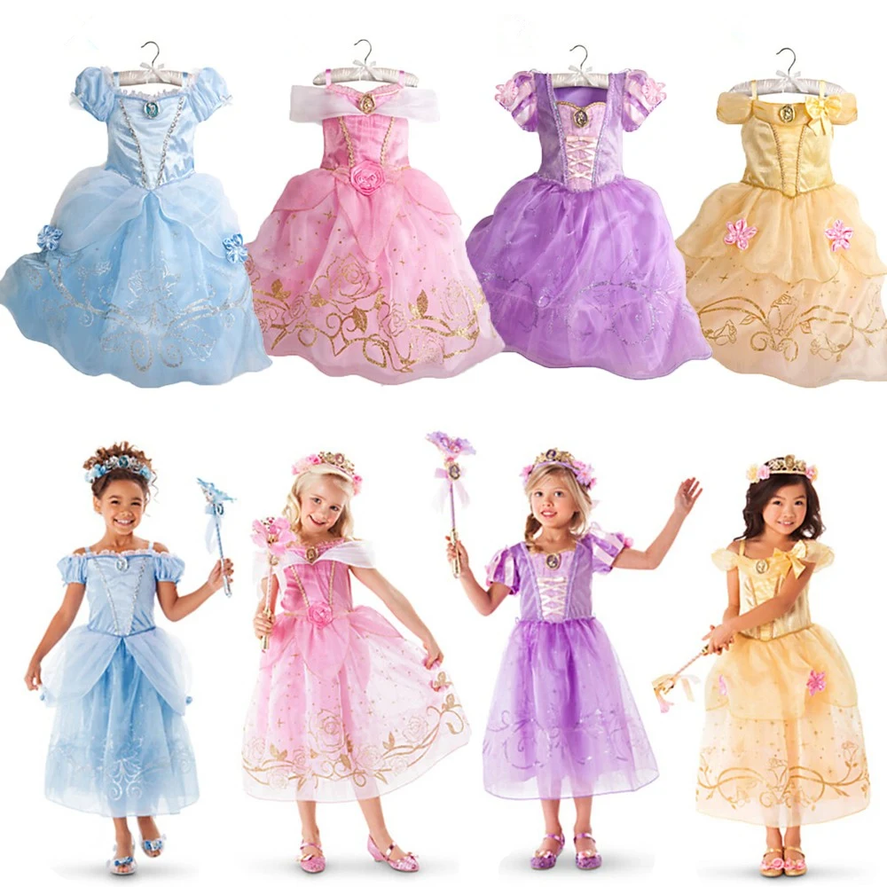 

Cinderella Dresses Children Belle Princess Dresses Rapunzel Aurora Kids Party summer Costume Clothes