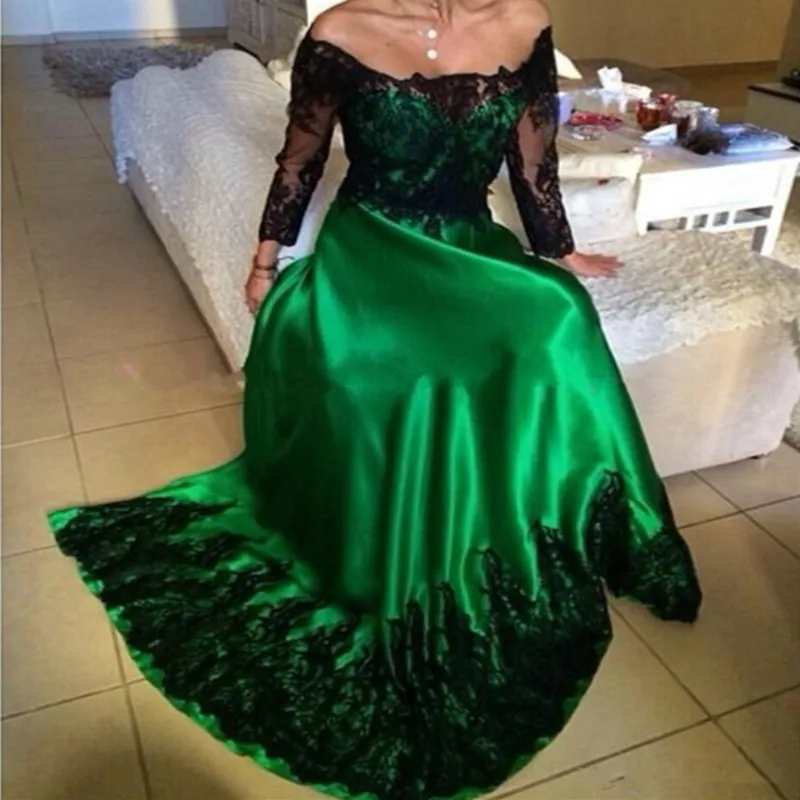 

New 2016 Green Boat Neck A-Line Lace Long Evening dresses Plus Size Long Sleeve Appliques Prom Gown Party Dress Vestido de noche
