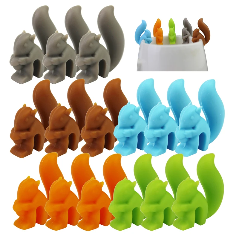 

Tea Bag Holder 15 PCS Cute Drink Markers Squirrel Shaped Glass Charm Silicone Identifier for Cups and Mugs