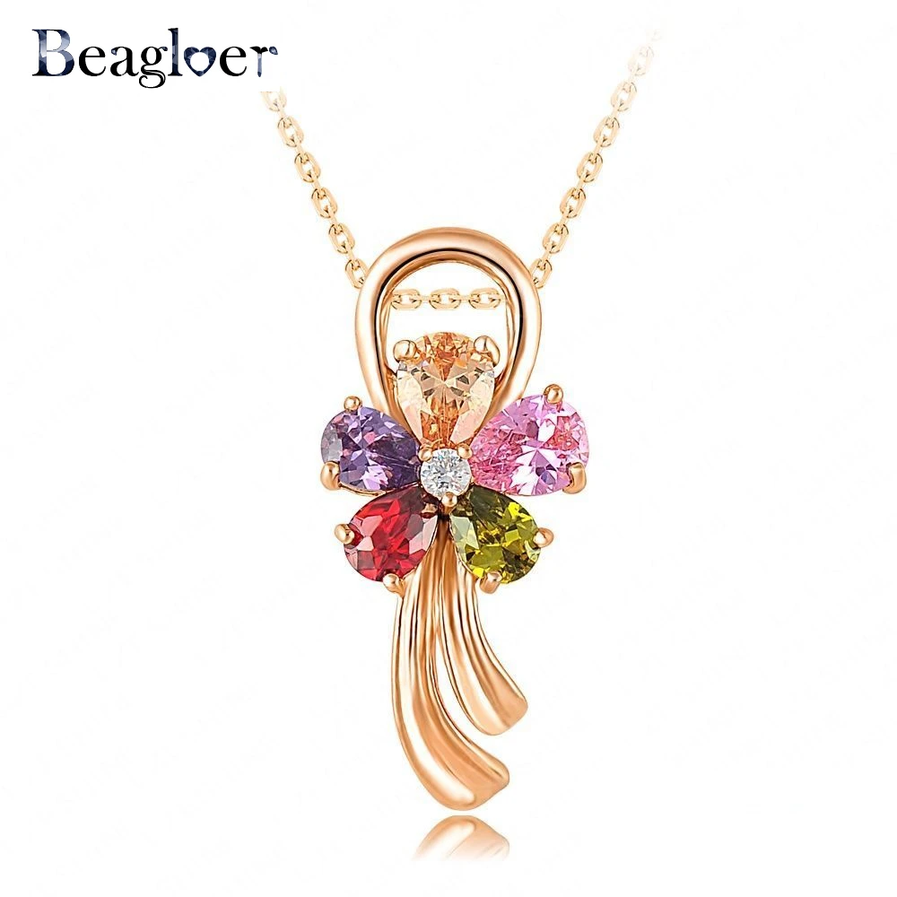 18K Rose Gold Plated Multi-Color Zircon Flower Pendant Necklace For Women Gift