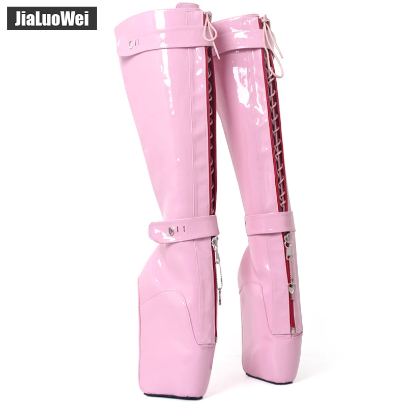 

jialuowei 7" Extreme High Heel Wedge Heelless Sole Sexy Fetish Lockable YKK Zipper Knee-High Padlocks Ballet Boots Free shipping