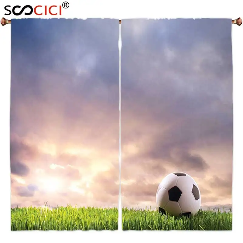 

Window Curtains Treatments 2 Panels,Sports Decor Collection Soccer Ball on Green Grass Dark Clouds Sunrise Meadow Landscape