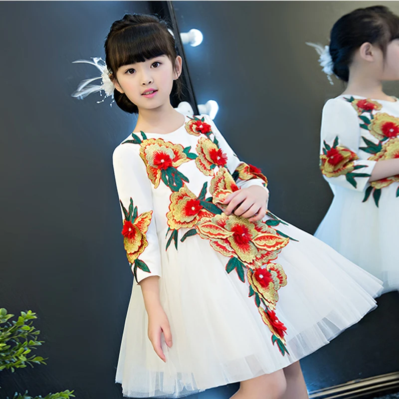 

2017 New Korean Sweet Girls Children Princess Party Dress Spring Long Sleeves Red Birthday Wedding Party Dress 3-15Y Clothes