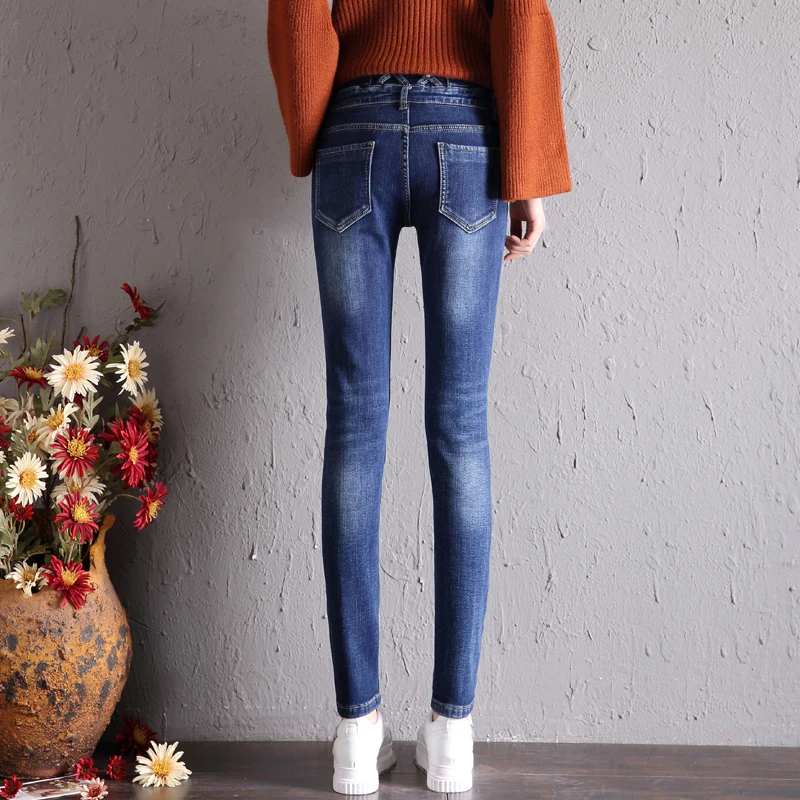 2018 Зима Осень черный синий тонкий карандаш джинсы высокая талия джинсовые женские толстые теплые джинсы для женщин узкие джинсы женщина