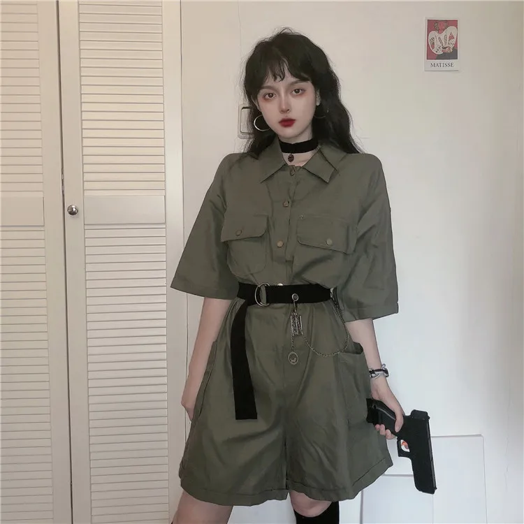 

streetwear ins korean Harajuku style Women's Clothing korean fashion ulzzang solid loose pockets sashes Chain playsuits Women