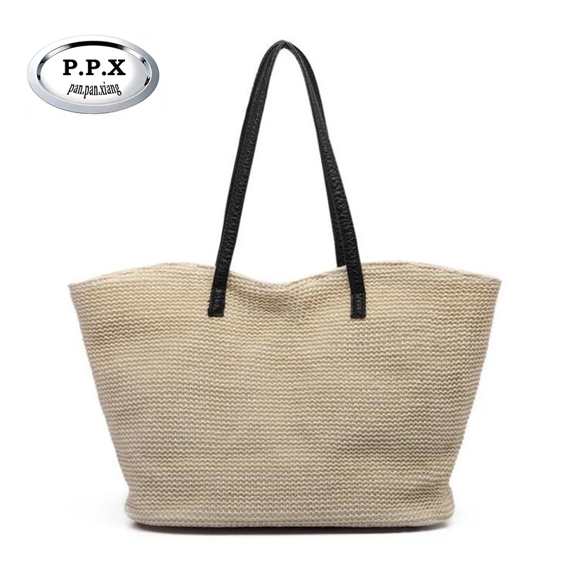 P.P.X Summer Straw Tote Bag Women's Navy Style Rope Travel Bag Straw