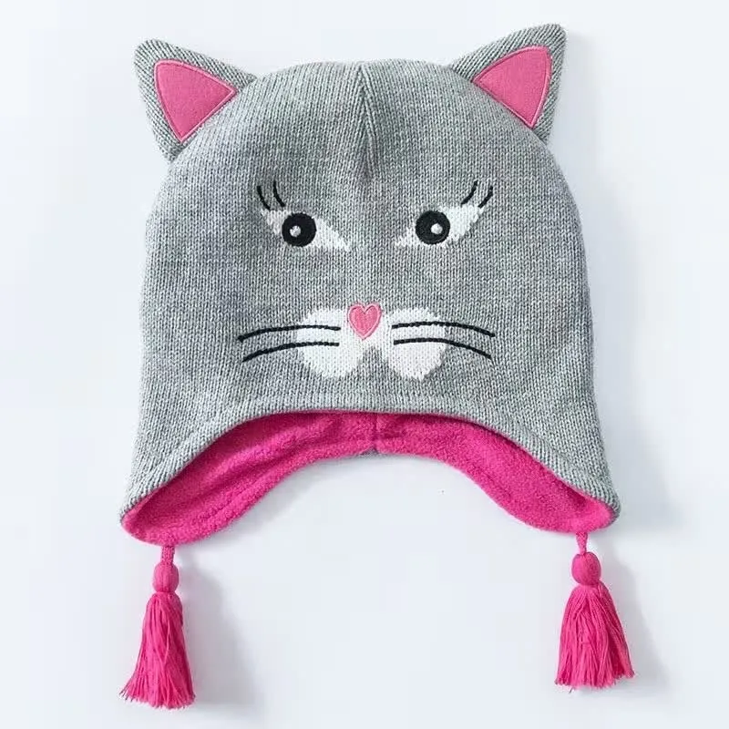 Ash Baby Cat Hat Хлопок Вышивка крючком Детские шапочки Дети Осень-Зима теплые детские Кепки ручной работы трикотажный ветрозащитный Наушники для женщин кепки