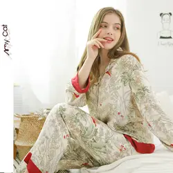 Дамы повседневное сатиновая Пижама можно носить Вне Домашняя одежда трава печати Топы + брюки для девочек Ночное платье сезон весна лето