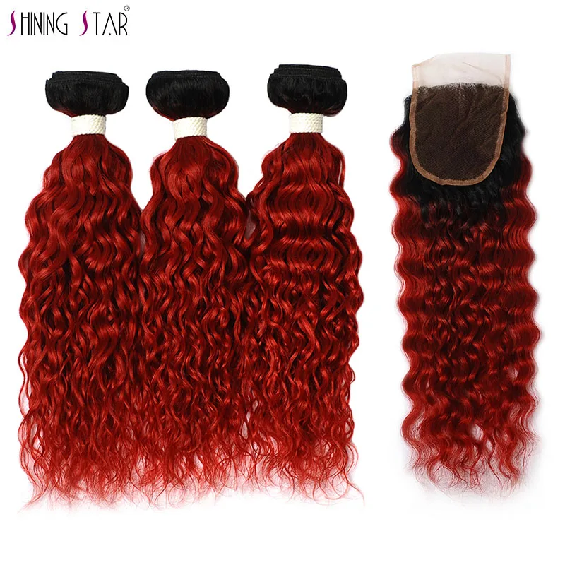 

Ombre 3 Bundles With Closure Water Wave 1B Red Ombre Human Hair Weave With Closure Peruvian Hair Bundles Shining Star Non Remy