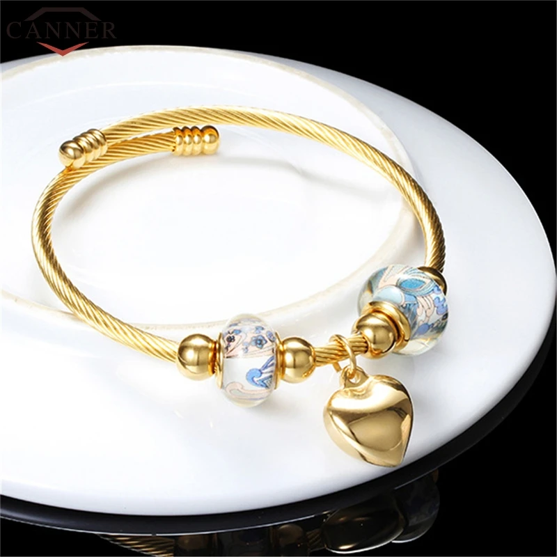 CANNER Creative Stainless Steel Adjustable Bangle Fashion Gold/Gold/Silver Color Heart Beads Bangles & bracelets for Women FI