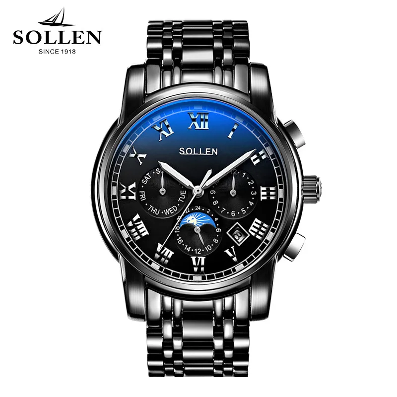 Top Brand SOLLEN Men Watches Multifunction Waterproof Business Clock Man automatic mechanical Watch Full Steel Relogio masculino