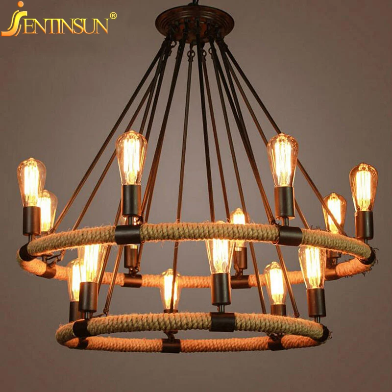 American Country Retro Hemp Rope Pendant Light Lamps Vintage Edison