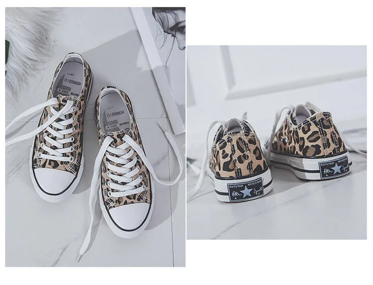 Vangull Women Flats Leopard Lace Up Comfort Shoes Ladies Canvas Vulcanized Shoes Female Sneakers Fashion Casual Platform Shoes