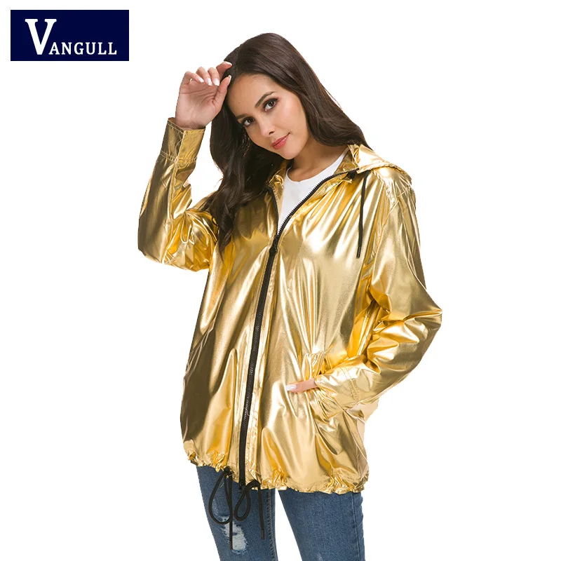 

Vangull Fashion Shiny Gold Jacket Women Hooded Coat Jacket Fluorescent 2019 New Spring Drawstring Coat Showerproof Outerwear