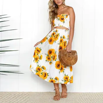 

Boho Style Summer Women Two Piece Set Beach Floral Print Strapless Crop Top + Skirt Sexy Women Long Dress Fashion Female Sets