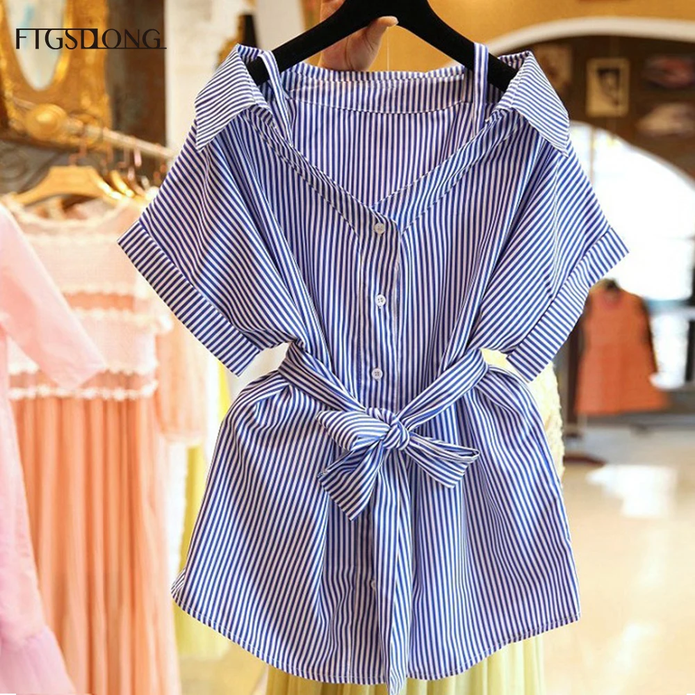 FTGSDLONG Summer Loose Stripe Shirt Women 2019 Korean Fashion Short Sleeve Slash Neck Blouse Casual Plus Size Blouses and Shirts
