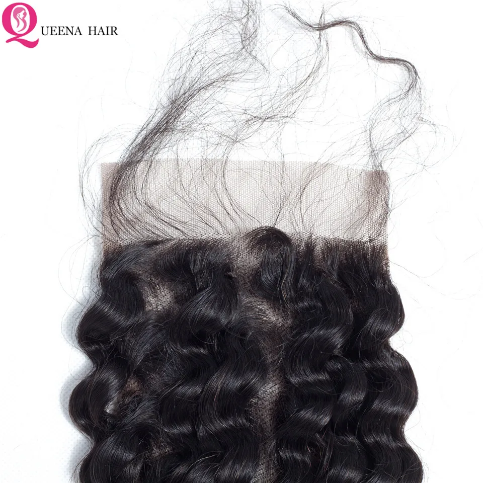 Queena перуанские глубокие волнистые пучки с закрытием шнурка натуральные черные глубокие кудрявые человеческие пучки волос с закрытием