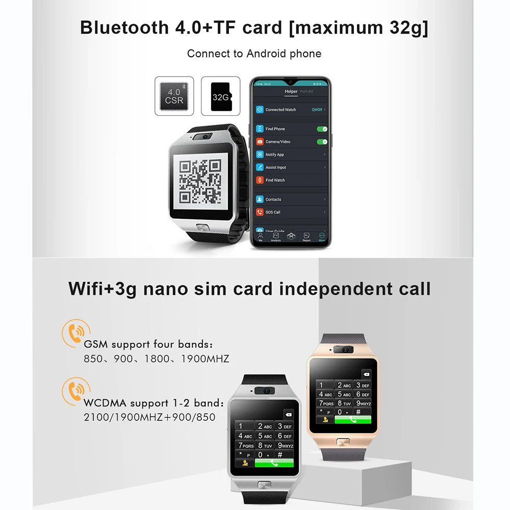  Original 3G WIFI QW09 Android Smart Watch 512MB/4GB Bluetooth 4.0 Real-Pedometer SIM Card Call Anti