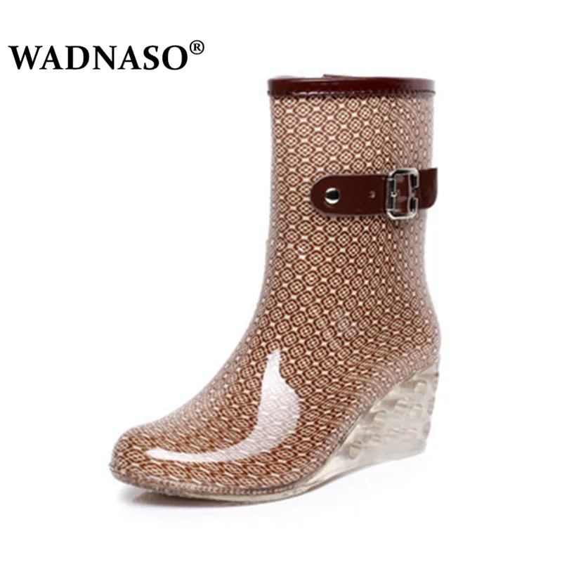 

WADNASO New Women Fashion High Heel Wedges Short Rain Boots Floral Waterproof Ankle Rainboots Woman Water Shoes Wellies Eu 36-40