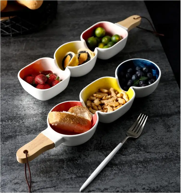 

Ceramic lattice wooden handle fruit platter creative Japanese tableware plate candy color sushi snack platter dessert plate