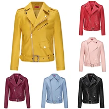 Новая мода, женская Байкерская мотоциклетная укороченная кожаная куртка, женская розовая, красная, черная, синяя, коричневая, желтая