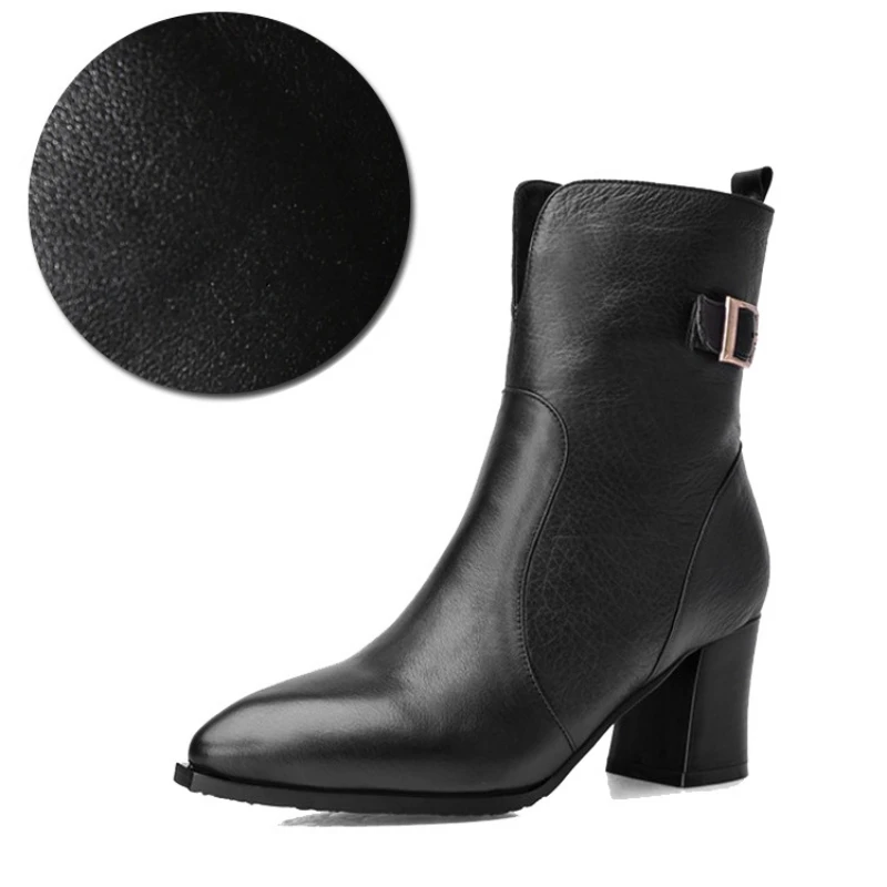 Зимние женские ботинки с пряжкой; ботинки из натуральной кожи с острым носком на высоком каблуке; женская теплая обувь на молнии; Женские рабочие ботинки - Цвет: black