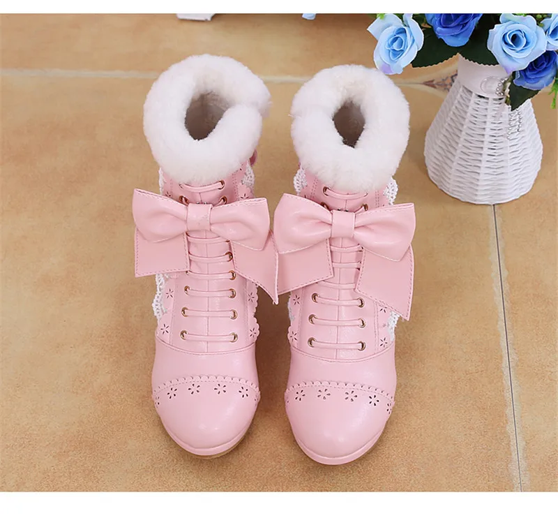 Sweet Japanese Beauty Women Ankle Boots Winter New Lace Bow Snow Boots For Women Lace Up Platform Thick High Heels Lolita shoes (7)
