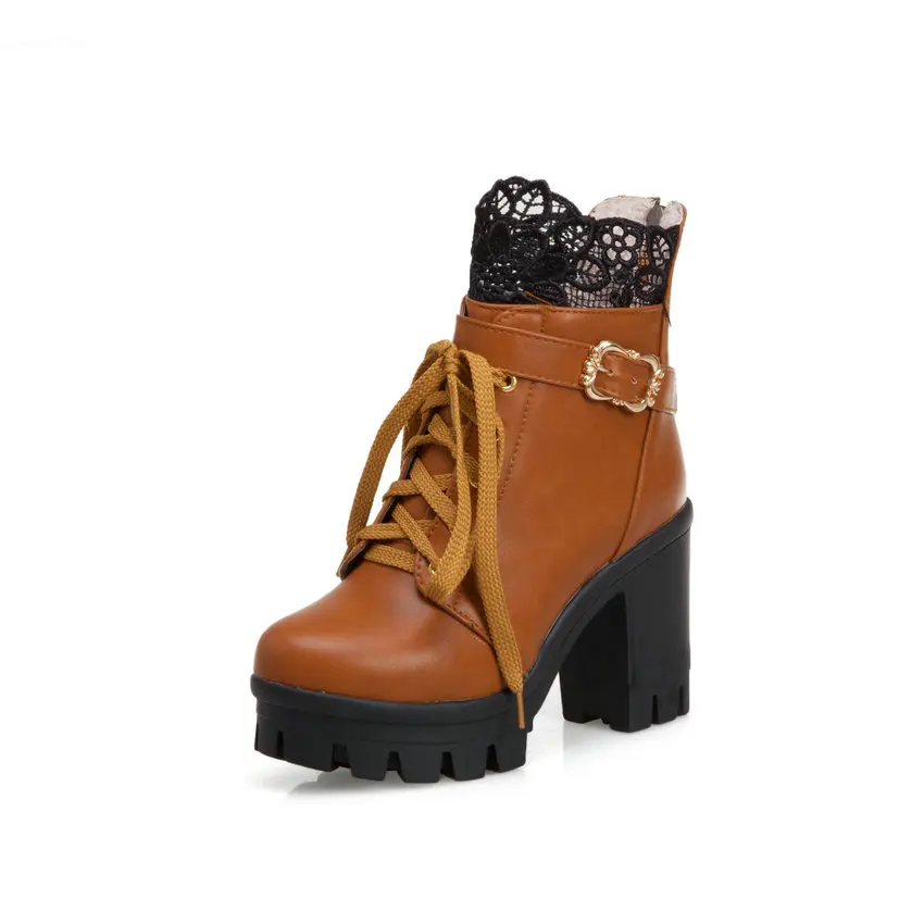 QUTAA/ г. Зимние ботильоны на платформе со шнуровкой из искусственной кожи на молнии модная женская обувь на высоком квадратном каблуке с пряжкой большие размеры 34-43 - Цвет: Цвет: желтый