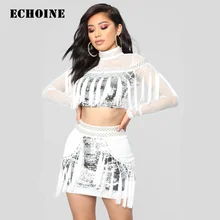 Sequin Tassel Crop Top and Mini Skirt Set 2 Piece Set Fishnet Hollow Out Fringe Top Set Slim Bodycon Luxurious Club Wear Outfit hollow out fishnet top