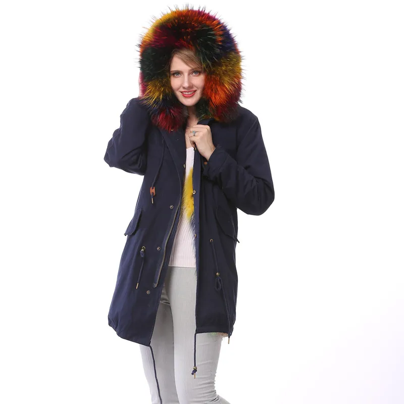 Femmes Capuchon Grande Long Laveur Bleu De Réel À noir Chaud Épais Amovible D'hiver Fourrure vert Raton Doublure Collier Manteau Parkas YPq5n