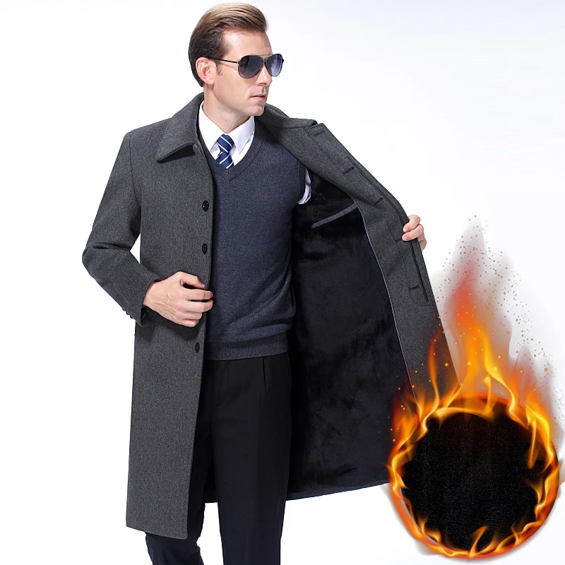 

Winter Thick Overcoat Jackets Plus Velvet Casual Men's Wool Blend Coats Full For Male X-Long Solid Color Top Quality