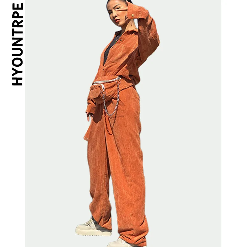 

Retro Corduroy Rompers Women Single Breasted Jumpsuit Cargo Wide Legs Overalls with the Belt Bags Casual One-piece Suits Romper