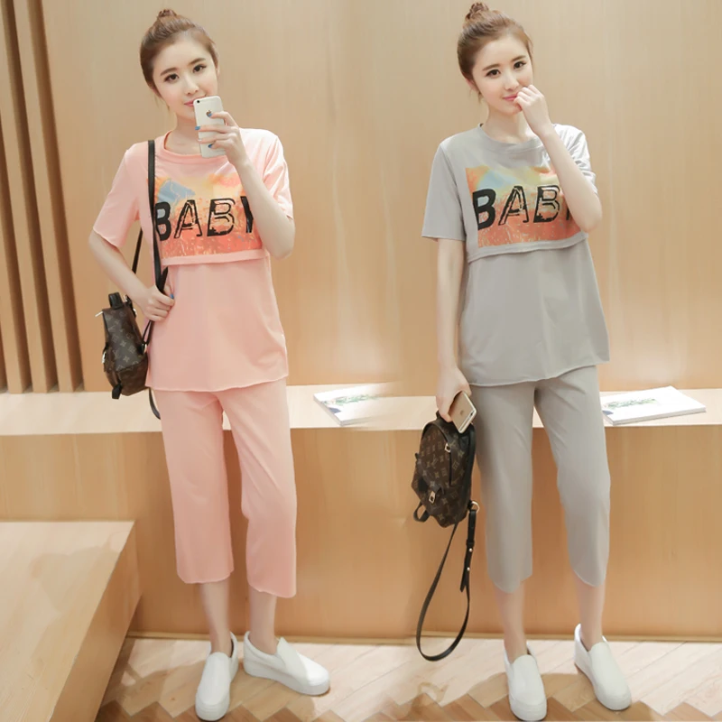 

2 Piece/sets Women Pregnant Maternity Nursing Breastfeeding Tees + Shorts T-Shirt Cotton Maternity Tops New Go Out Clothes C810
