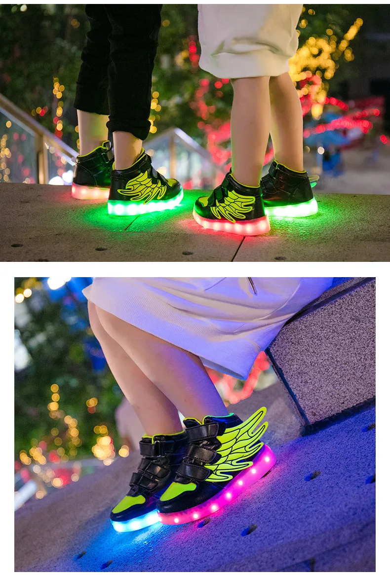 New usb charging glowing sneakers Kids Running led angel's wings kids with lights up luminous shoes girls' boys' shoes leather girl in boots