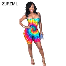 Spaghetti Strap Sexy Rompers Womens Jumpsuit Dot Tie Dye Print Backless Bandage Playsuit Vintage Sleeveless Beach Short Bodysuit ruffle strap dot print bodysuit