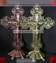 Bronce antiguo/cobre rojo plateado Iglesia Ortodoxa de Metal Piedras Cruz del Señor Jesucristo, crucifijo de pie, iglesia decoración