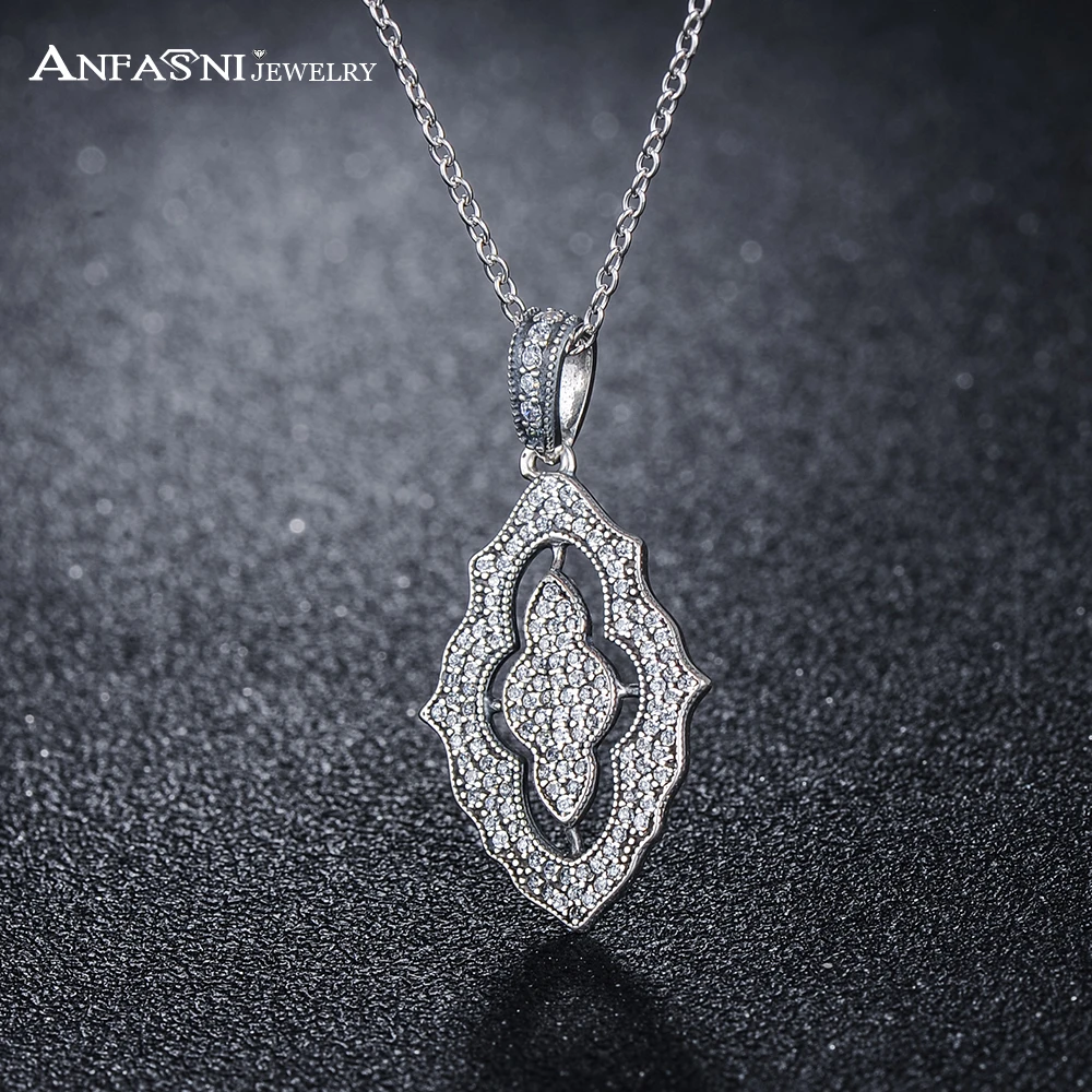 

ANFASNI Genuine 925 Sterling Silver Pendant Necklaces for Women Sparkling Lace Shaped Jewelry Lover's Gift PSNL0018-B