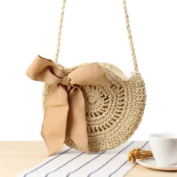 

Women's Straw Woven Ratton Shoulder Bag New Round Fluffy Holiday Tote Handbag Ladies' Fashion Soild Bowknot Beach Crossbody Bags