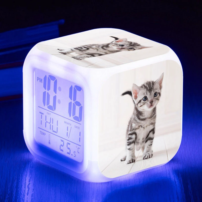 Pets Cat Graphics LED Alarm Clock Night Light Cute Animal Digital Watch