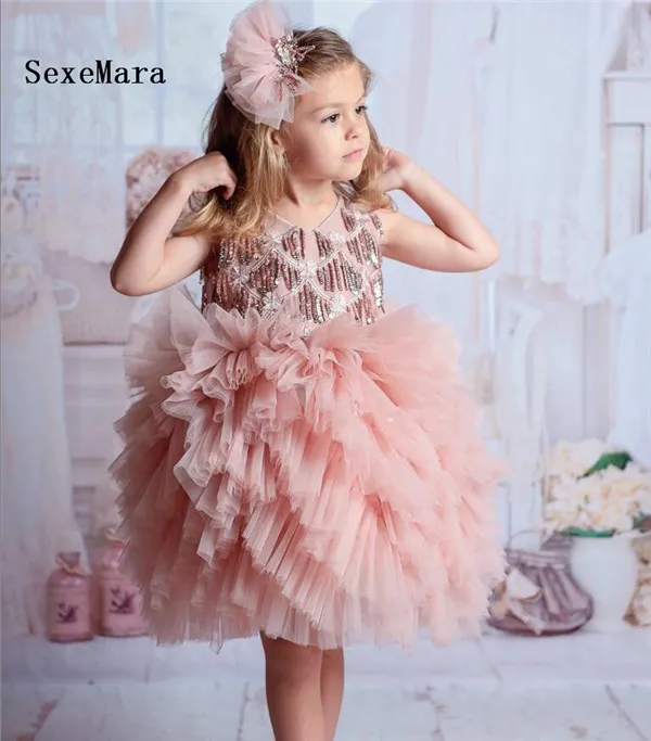 

Pink Baby Girls Birthday Dresses Lace Sequins V Neck Little Princess Dress Special Occasion Party Prom Dress Christmas Gown